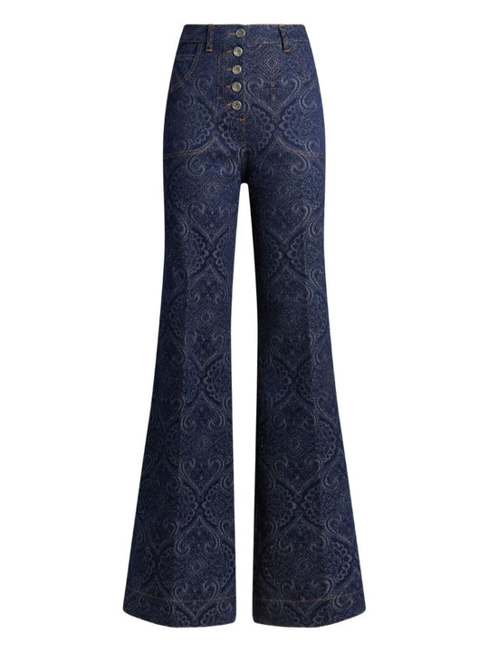 Jeans Flare In Denim Jacquard Con Bottoni Pegaso