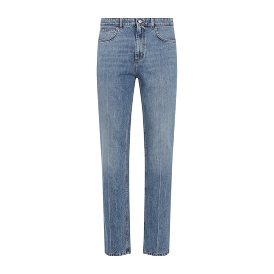 Deep Blue Cotton Washed Bull Denim 5-Pocket Jeans