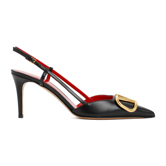 Black Leather Slingback V Logo Signature