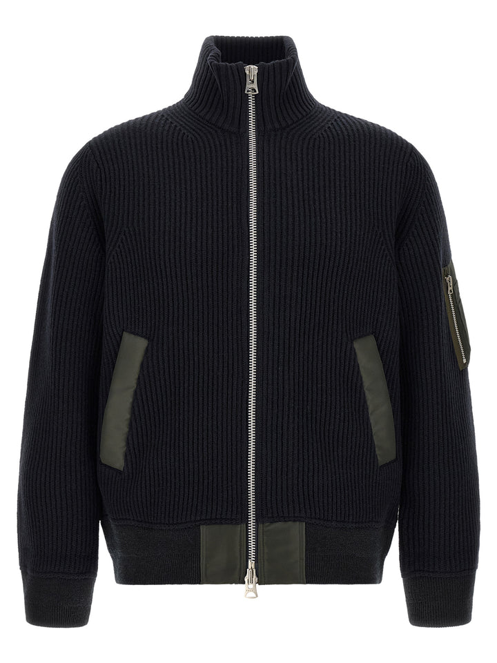 Sacai Ribbed Knit Blouson Puffer Jackets - Blu | bea32a7276be431fd5197be44c812183b0248c50
