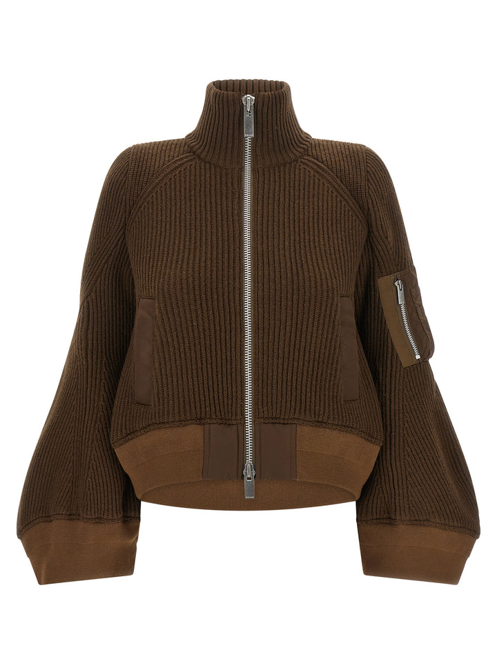 Sacai Nylon Twill X Wool Knit Puffer Jackets - Marrone | f33781facdf0dfdafc96fde7616685a4716b2882