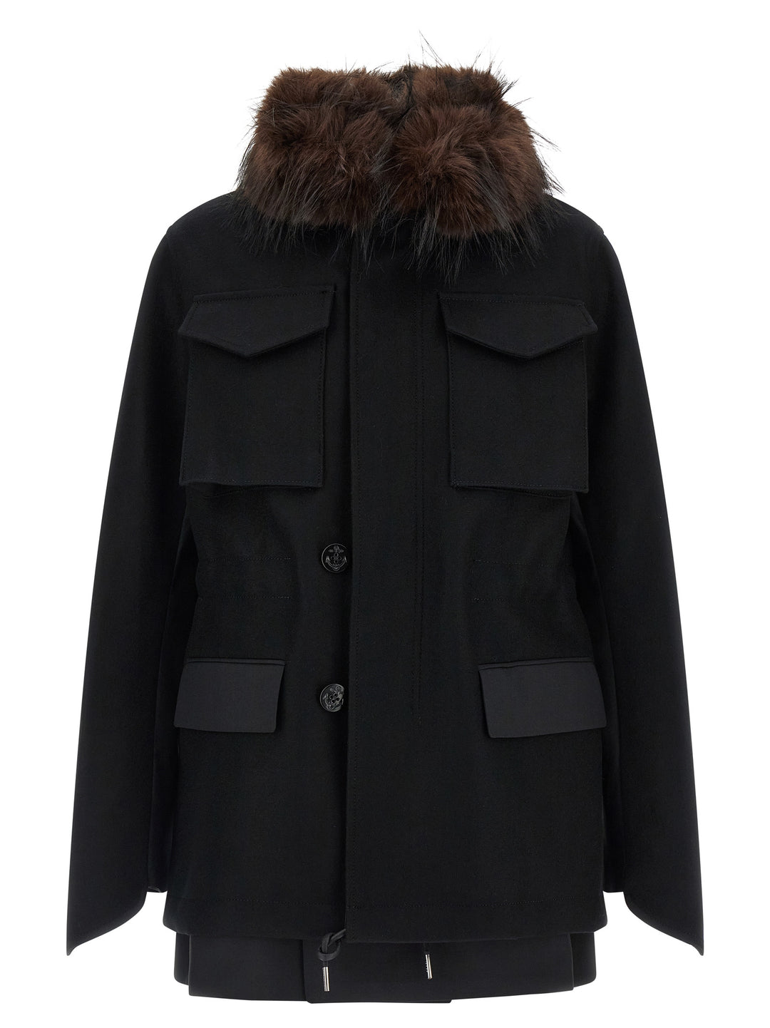 Sacai Wool Coat With Fur Insert Puffer Jackets - Nero | c5a842a7a6f720ee0e68d1c466303e4c5f66871b