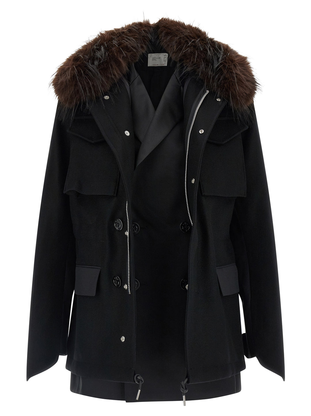 Sacai Wool Coat With Fur Insert Puffer Jackets - Nero | e912d3312f3519eafd49c72a802f6b22102f4f29