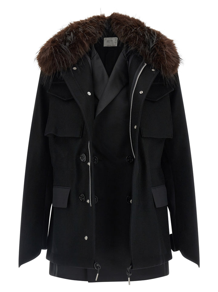 Sacai Wool Coat With Fur Insert Puffer Jackets - Nero | e912d3312f3519eafd49c72a802f6b22102f4f29