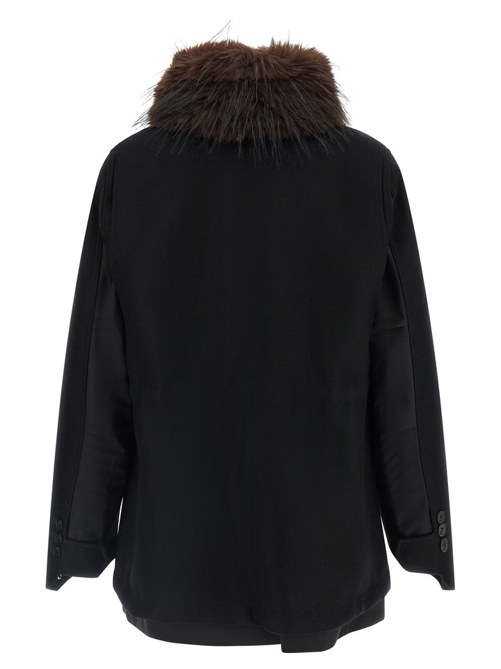 Sacai Wool Coat With Fur Insert Puffer Jackets - Nero | d0eb7f58e272e312ea89b103140e114e32d98c34