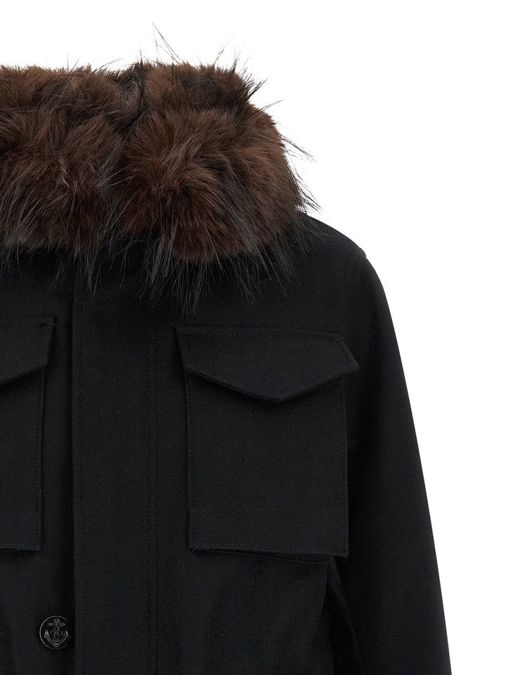 Sacai Wool Coat With Fur Insert Puffer Jackets - Nero | da6feb8e471a32dd972da8d9f6c06b4b600b5b60