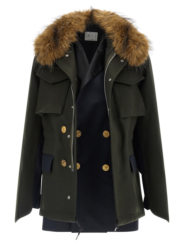 Sacai Wool Coat With Fur Insert Puffer Jackets - Verde | 2fe17258a5b31c69ad8cf809835e6fca17aab609