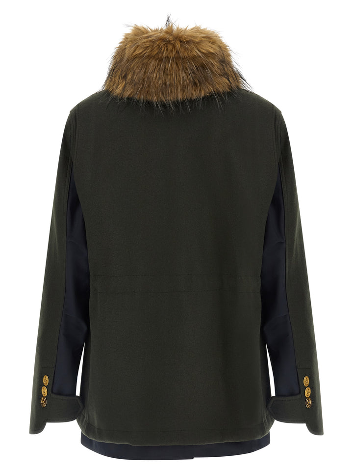 Sacai Wool Coat With Fur Insert Puffer Jackets - Verde | ed93698834eceb97ae5b067fde9a1fe6b31b9d8e