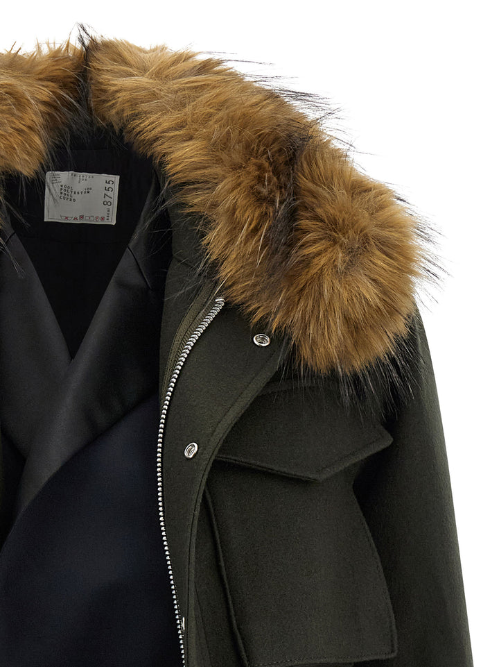 Sacai Wool Coat With Fur Insert Puffer Jackets - Verde | c1a65748d494d6cb91c9df268201ae7987566a44