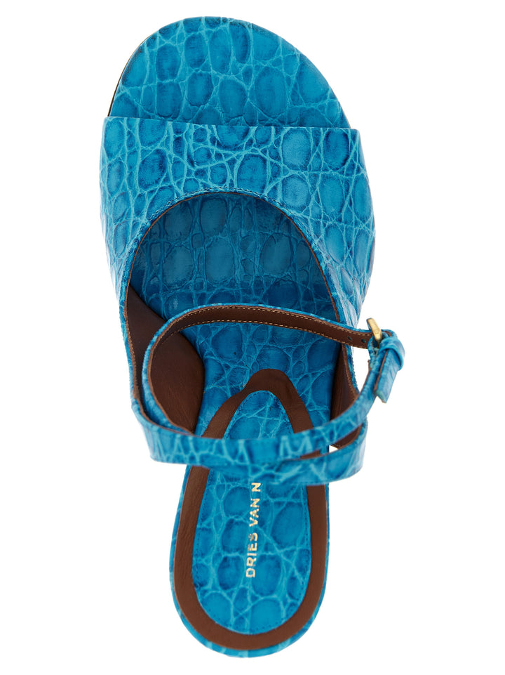 Dries Van Noten  Embossed Leather Sandals Zeppe - Celeste | f727fffe27da3f10208bbc79fc28fe6cd4ab3fce