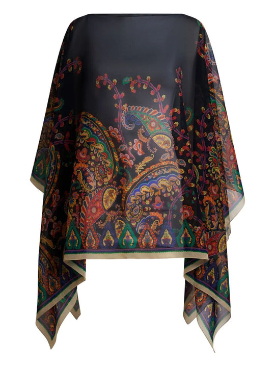 Top Poncho In Seta Con Stampa Piazzata Paisley Floreale