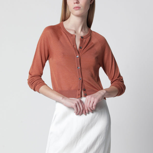 Brick-Colored Cardigan In Cashmere And Silk