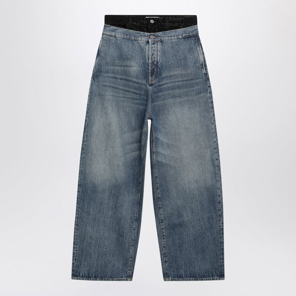 Pantalones de pernera ancha azul y negro con doble cintura