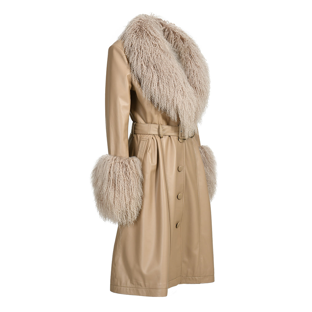 Cappotto Sac Beige in Pelle e Mongolia
