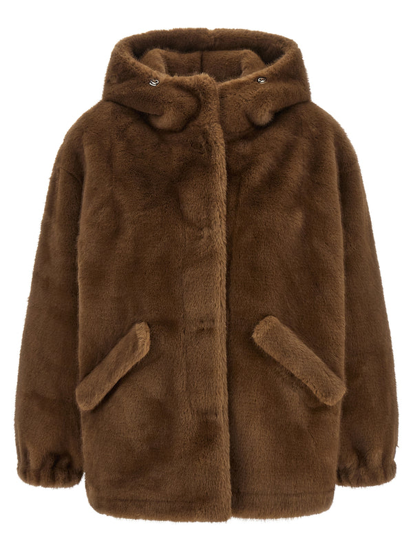 Eco-Fur Hooded Jacket Piumini Marrone