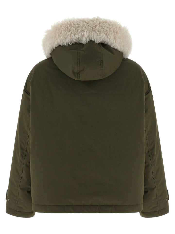 Army Yves Salomon Merino Shearling Hooded Parka Puffer Jackets - Verde | 61aefdd0d054b0b80a3419cf22a404f8cfd639fe