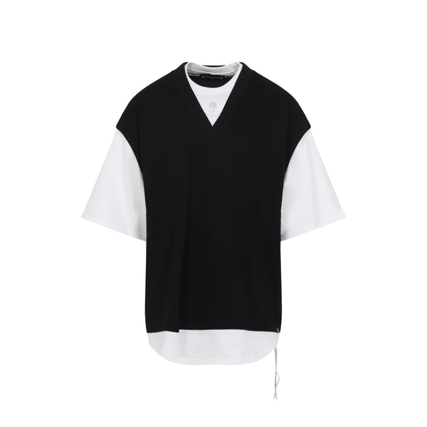 Black Cotton Layered Short Sleeves Vest Tee