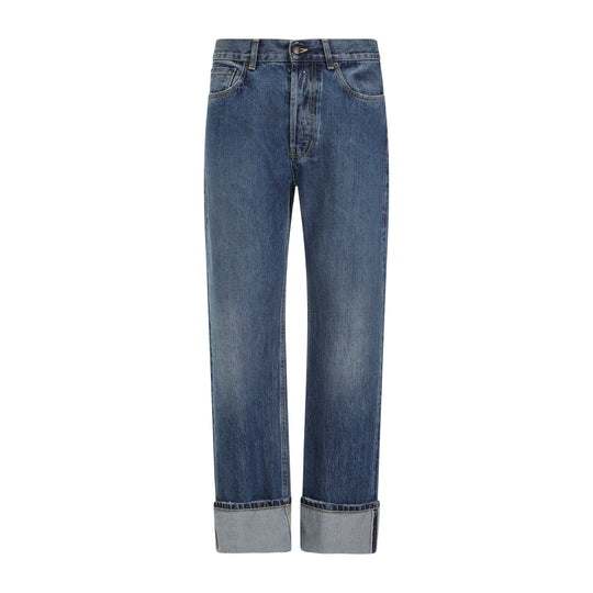Blue Washed Cotton Turn Up Jeans