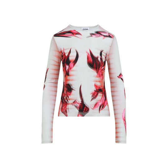 Pale Pink Layered Long Sleeves Top Printed "Flower Body Morphing Mariniere"