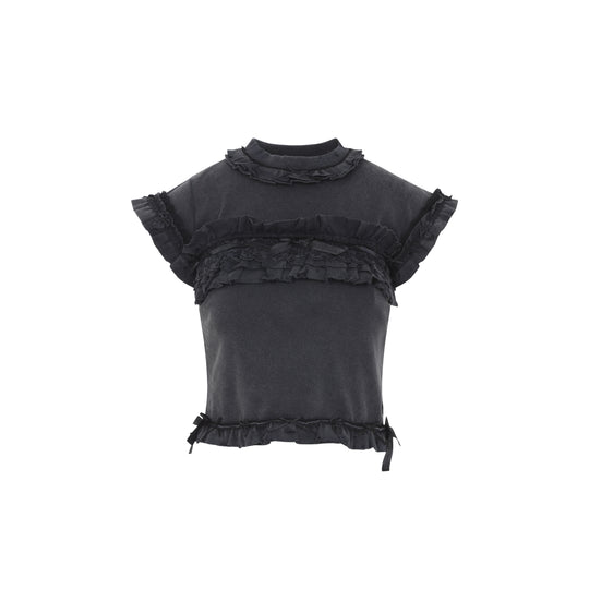Washed Black Cotton Ruffle T-Shirt
