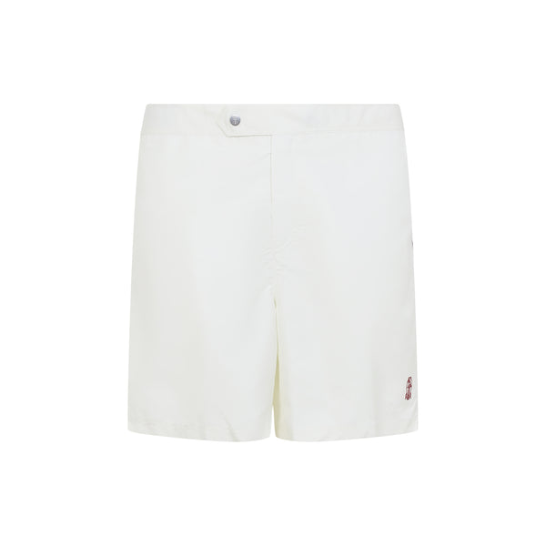 White Logo Embroidered Buttoned Swim Shorts