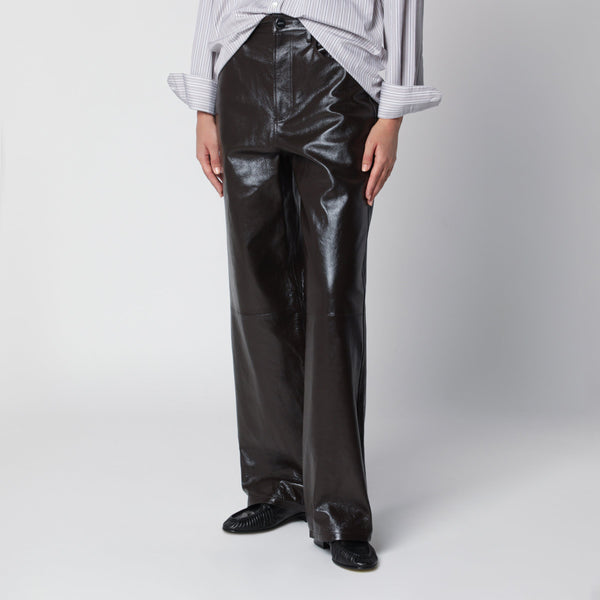 Brown Leather Wide-Leg Trousers