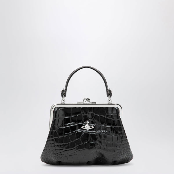 Granny Frame Purse In Croc-Embossed Black Leather
