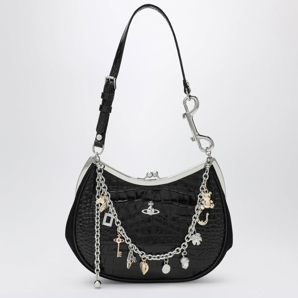 Black Charm Bag In Croc-Effect Patent Leather