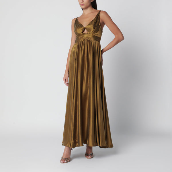 Olive Green Draped Silk Maxi Dress