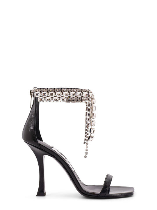 Black Vintage Leather Sandals With Crystals Detail
