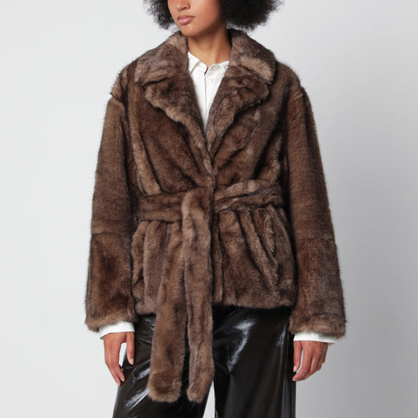 Brown Silena Jacket In Faux Fur With Belt