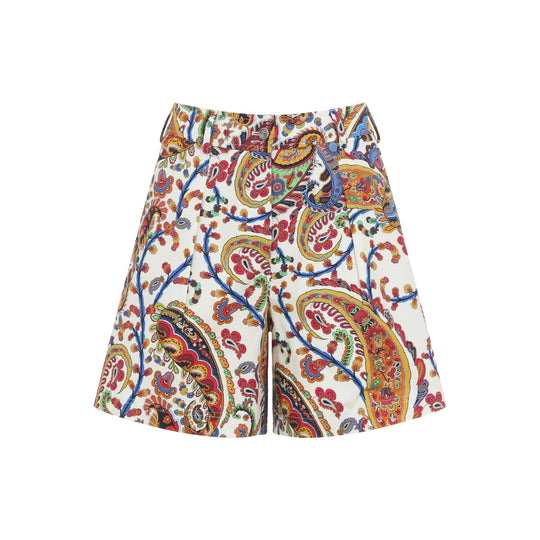 Multicolor Cotton Pleated Shorts With Back Patch Pockets