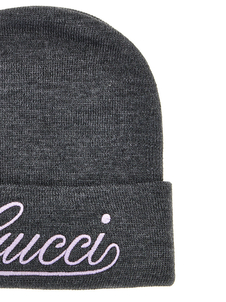 Gucci Logo Embroidery Beanie Cappelli - Grigio | 31b8f3d6a54f526ea4f161401002c3ba6088f61c