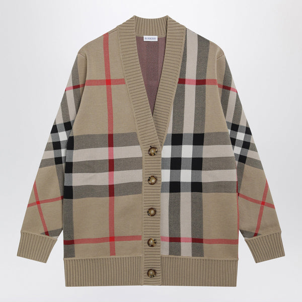 Beige Check Cardigan In Wool Blend