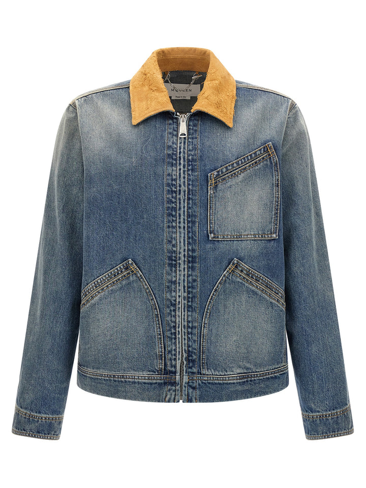 Mcqueen Suede Denim Jacket Giacche - Blu | 0356b4457ca76943739a5945248591f6a02aed19