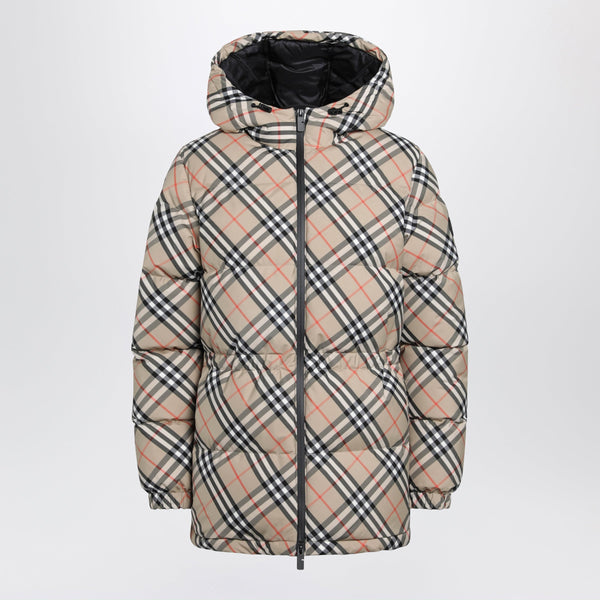 Hooded Check Nylon Puffer Jacket In Sand