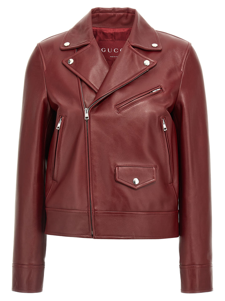 Gucci Leather Biker Jacket Puffer Jackets - Marrone | d8adbf5cd09852d3a735cd42a9a2d3729a153f80