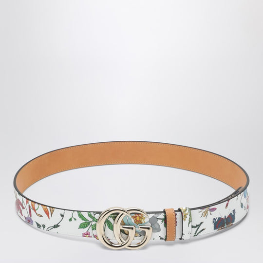 Gg Marmont Reversible Belt In Brown/White Leather With Flora Print