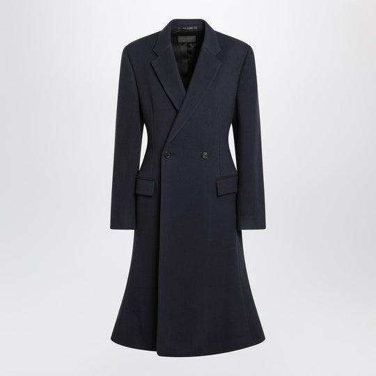 Navy Blue Midi Godet Wool Coat