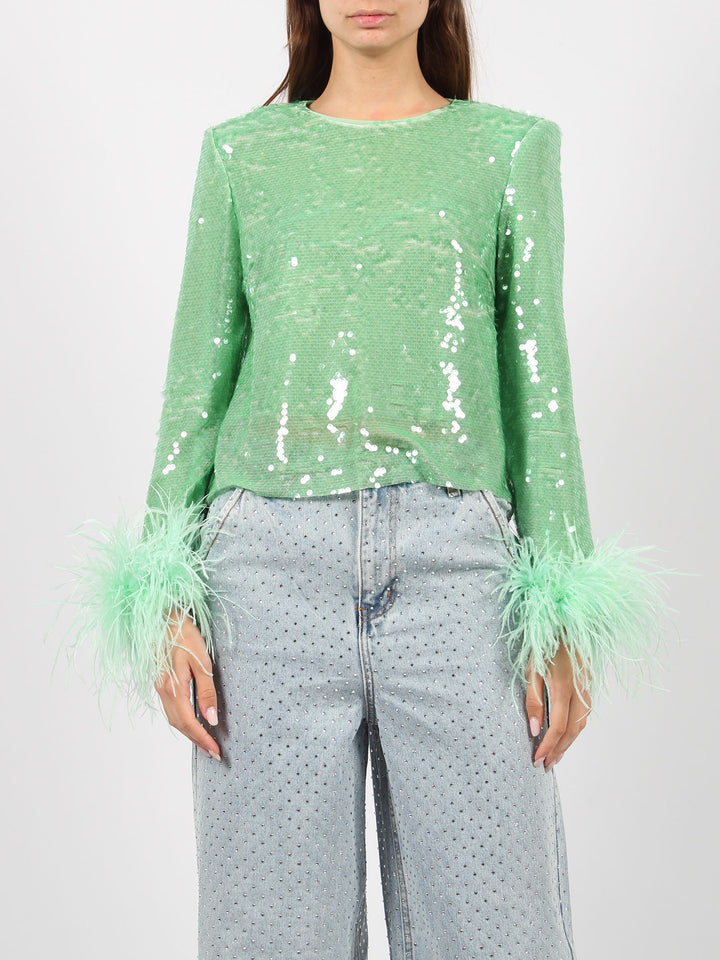 Mint sequin feather top