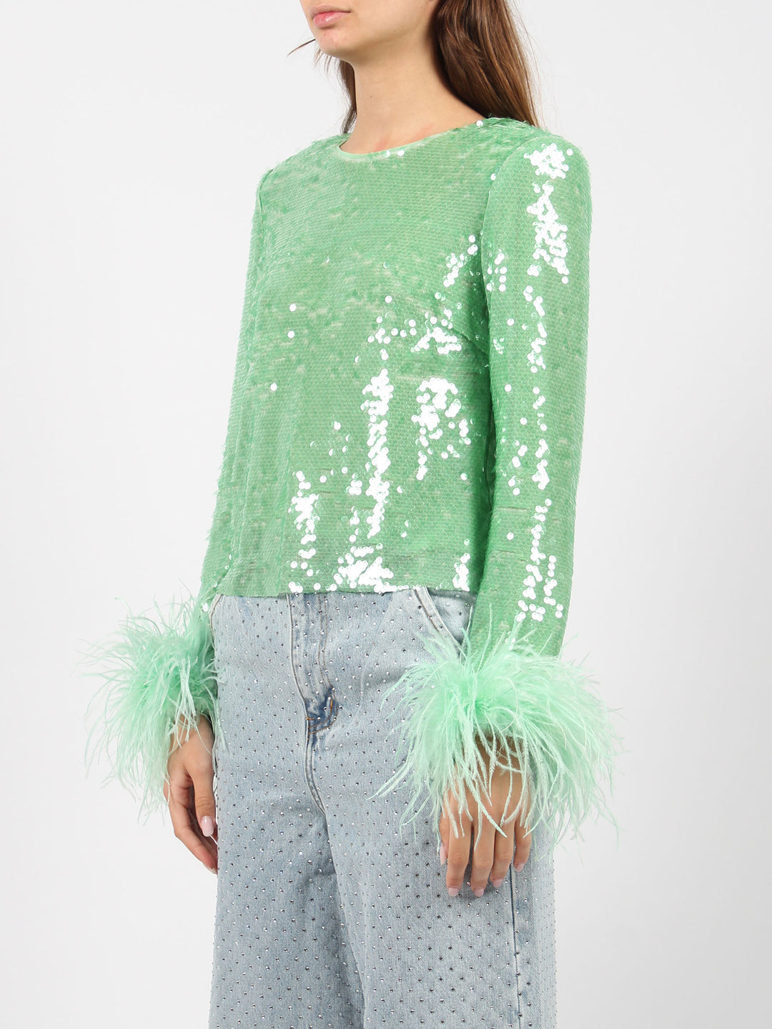 Mint sequin feather top