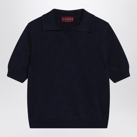 Blue Cotton And Silk Pointelle Polo Shirt With Gg Motif