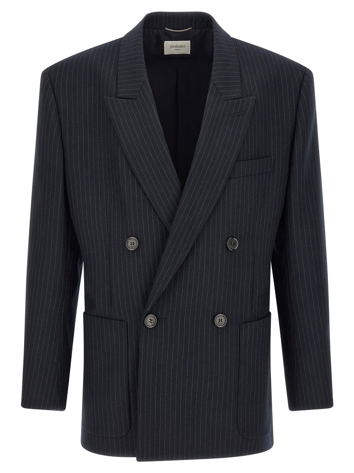 Saint Laurent Pinstriped Double-Breasted Blazer - Blu | 5388b835da9c4a36e3ab0d4b0de2a7fd57101a7e