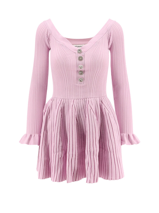 Ribbed Knit Mini Dress With Jewel Buttons