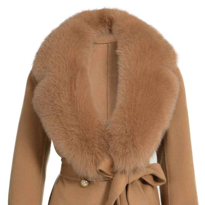 Cappotto Chic Camel in Misto Cachemire e Volpe