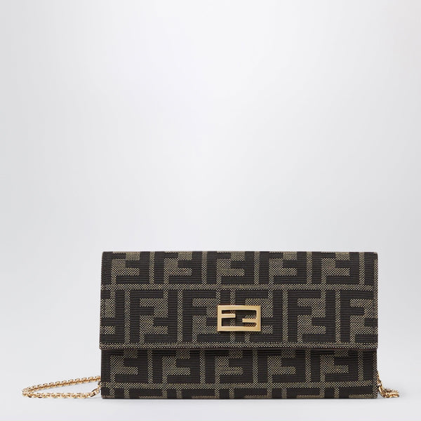 Tube Continental Wallet With Chain In Ff Zucca Jacquard And Brown Leather