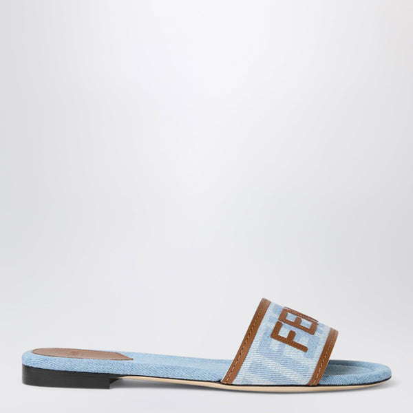 Fendi Sunshine Slides In Light Blue Denim-Effect Ff Jacquard