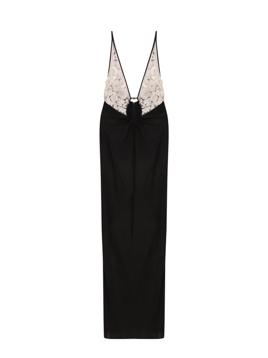 Red Carpet Embroidery Long Dress With Voile Inserts And Flowers Detail