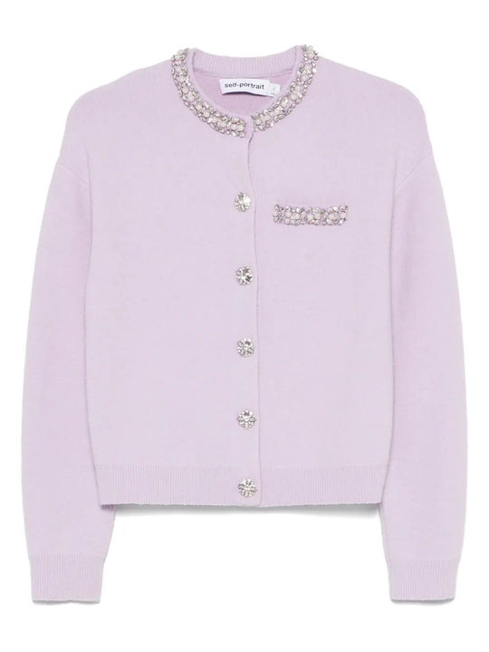 Cardigan In Maglia A Coste Con Finiture In Perle Viola Da Donna