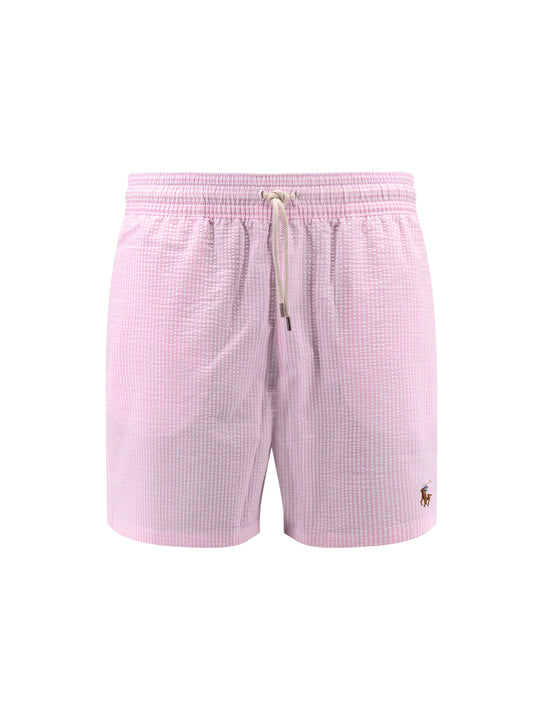 Cotton Blend Striped Swim Trunk With Logo Embroidery